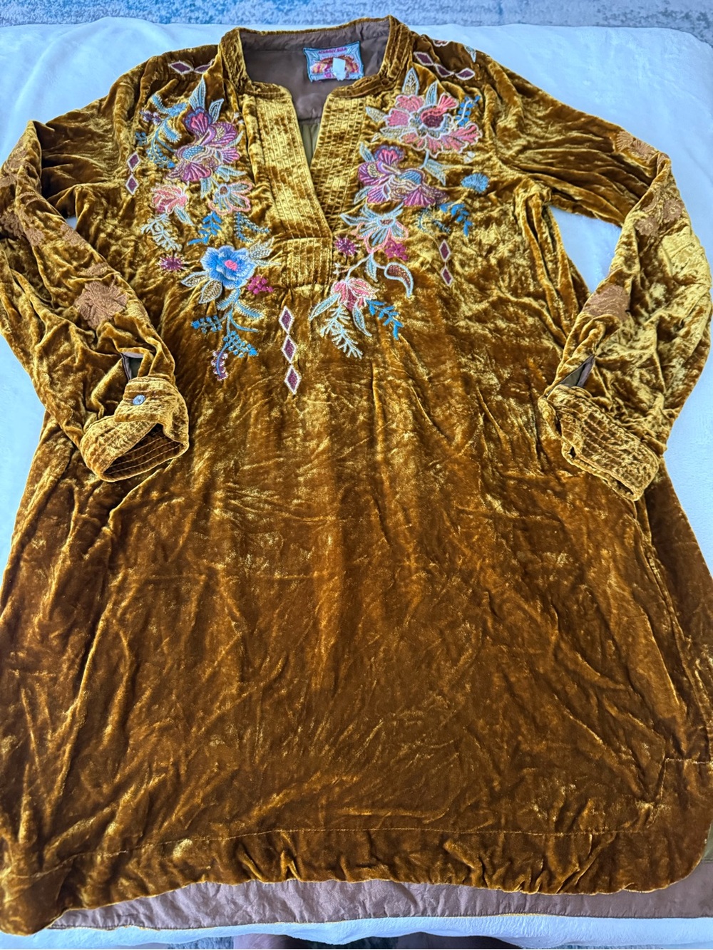 Johnny Was Denali Velvet Relax Trapunto Tunic Gold Floral Embroidered Dress D85